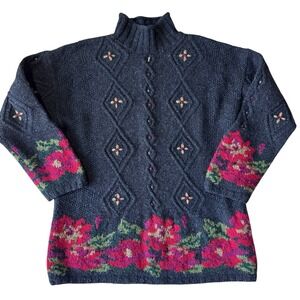 L.L. Bean Vintage Sweater Women's L Wool Black Floral Cottagecore
